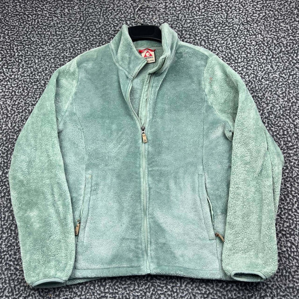 Gerry Fleece Jacket Women Medium Green Mock Neck Full Zip Pocket Long Sleeve M